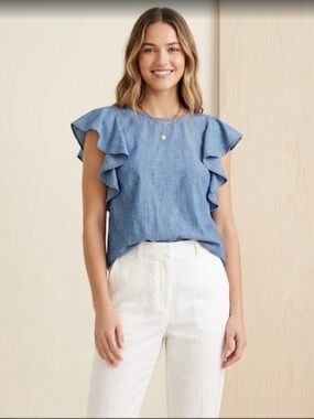 Women J. Crew Chambray Ruffle Sleeve Blouse - Light Blue
